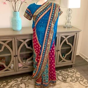 Indian 3-piece ready to wear chiffon fancy embroidered sequinned saree